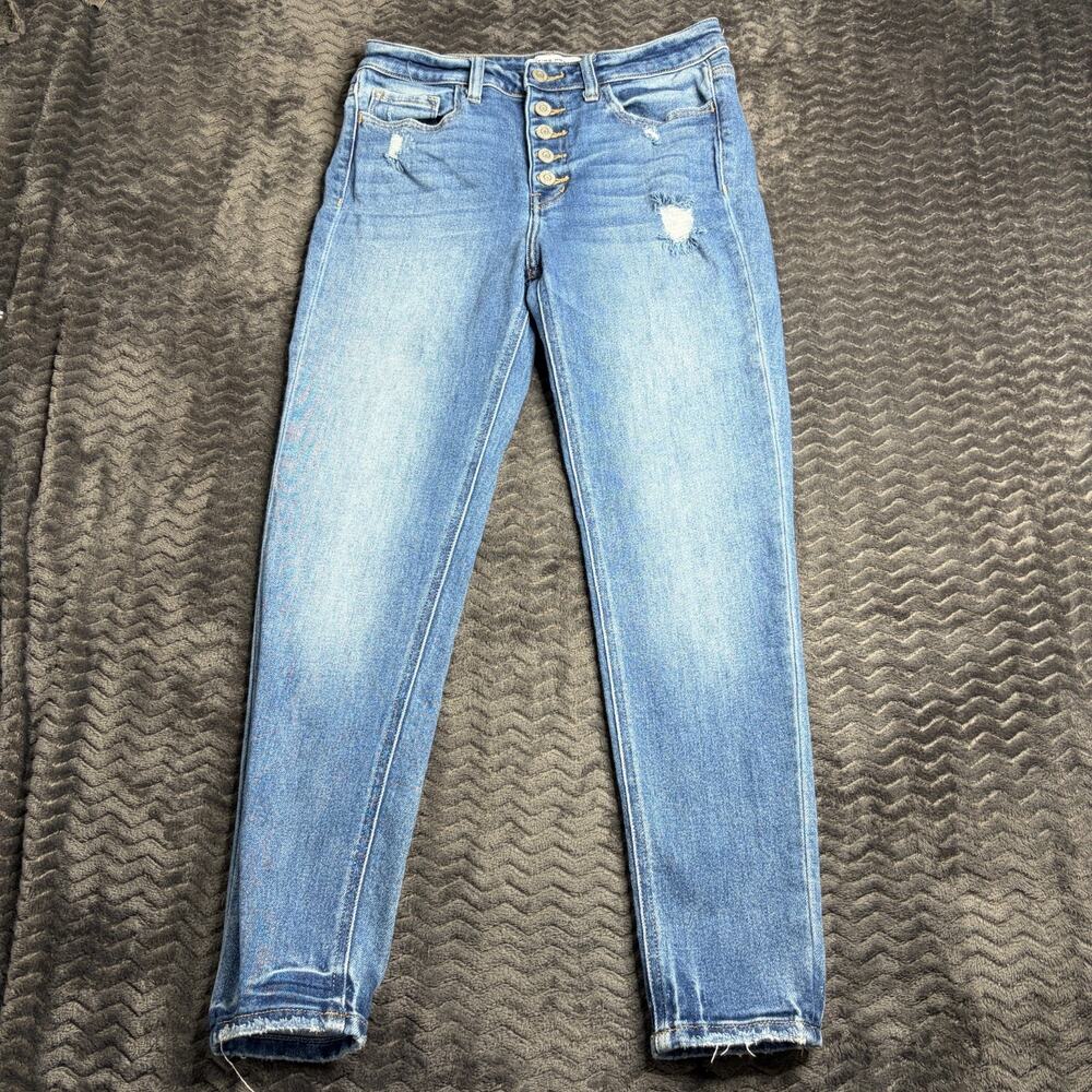 Flying Monkey Womens High Rise Button Fly Skinny Jeans Blue Distressed size 29